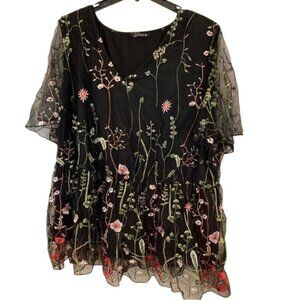 Bloomchic Black Floral Embroidered Mesh Blouse Plus Size5XL VNeck Short Sleeves